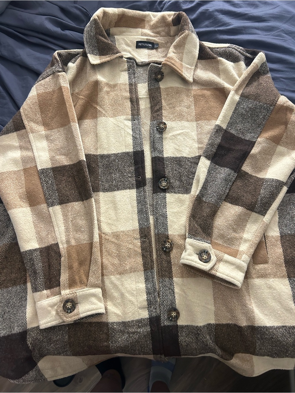 PrettyLittleThing Cream & Brown Plaid Button-Front Shacket